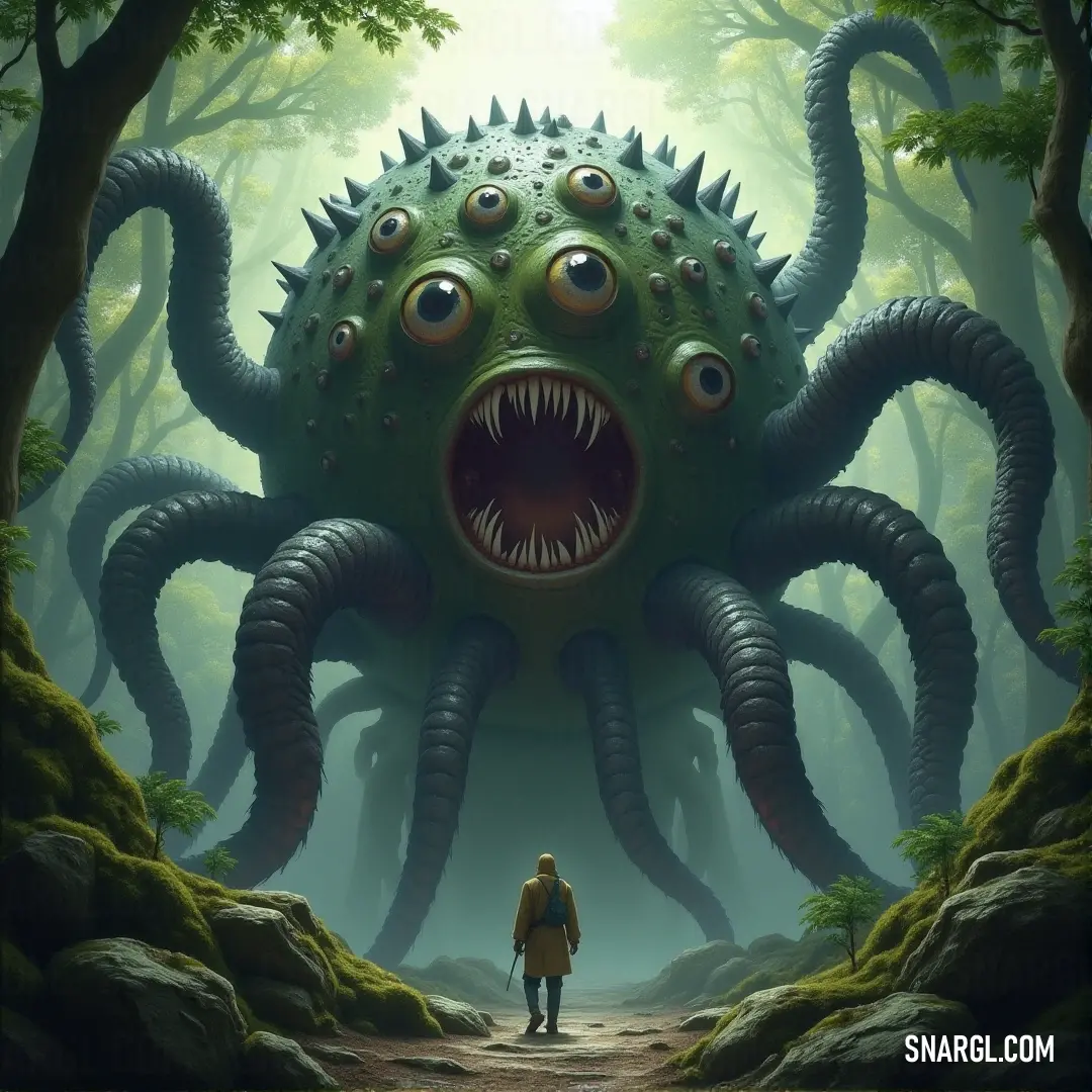 A Gazer King, with a sword in hand, faces off against a towering, monster-like creature with jagged teeth and a massive open mouth, deep within a mysterious forest. The Gazer King stands tall in front of a monstrous beast, its gaping maw open wide in the midst of a misty forest. The creature, with sharp, menacing teeth, looms threateningly, adding to the ominous ambiance of the scene.
