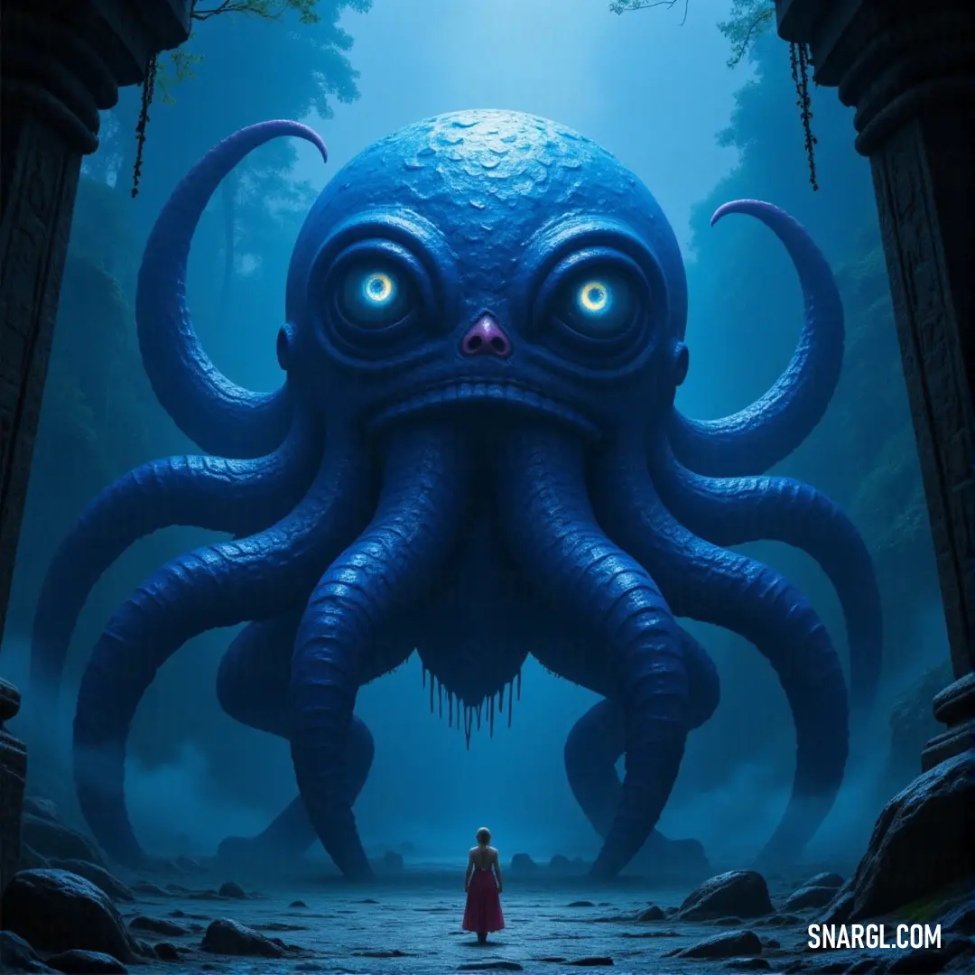 A giant blue octopus with glowing eyes looms in a dark, fog-filled forest, as a Gazer Tyrant faces it, both creatures exuding an ominous presence in the dim light of the woods. A massive blue octopus with glowing eyes towers over the dark forest, its tentacles reaching out as a Gazer Tyrant, an eerie creature with a strange gaze, stands before it, creating an unsettling atmosphere of otherworldly tension.