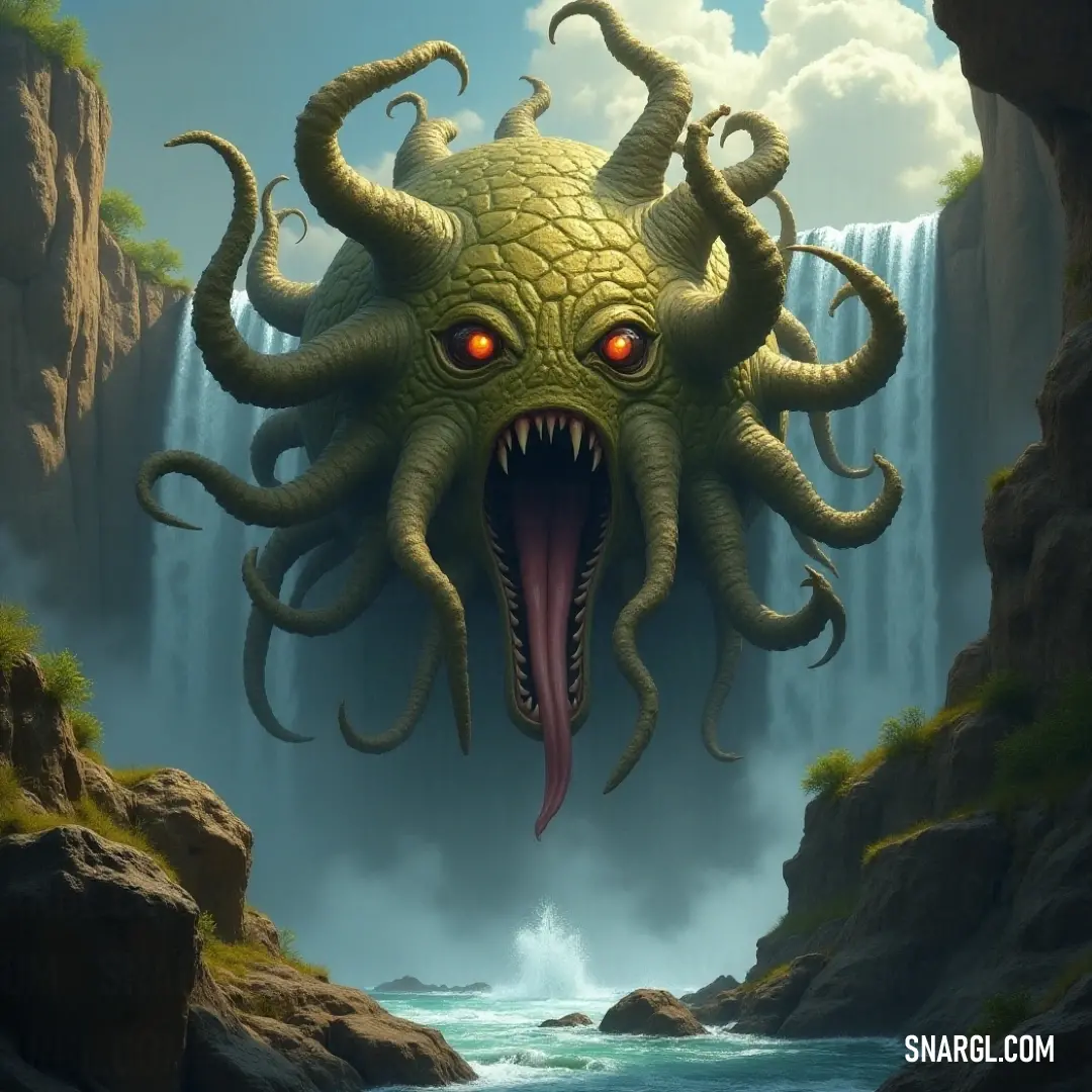 A giant Gazer Tyrant with its mouth open stands near a cascading waterfall, creating an imposing presence in the natural landscape. Its fierce gaze is framed by the gentle rush of water in the background.
