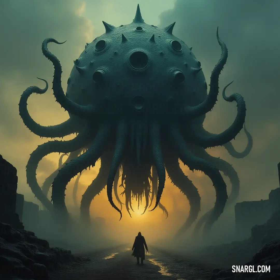 An enormous octopus makes its way down an eerie road, with a distant Gazer observing its every move, creating a captivating scene of wonder and mystery. A colossal octopus traverses a winding road, its tentacles gracefully trailing behind. In the distance, a mysterious Gazer watches intently, shrouded in an aura of intrigue and suspense amidst an otherworldly landscape.