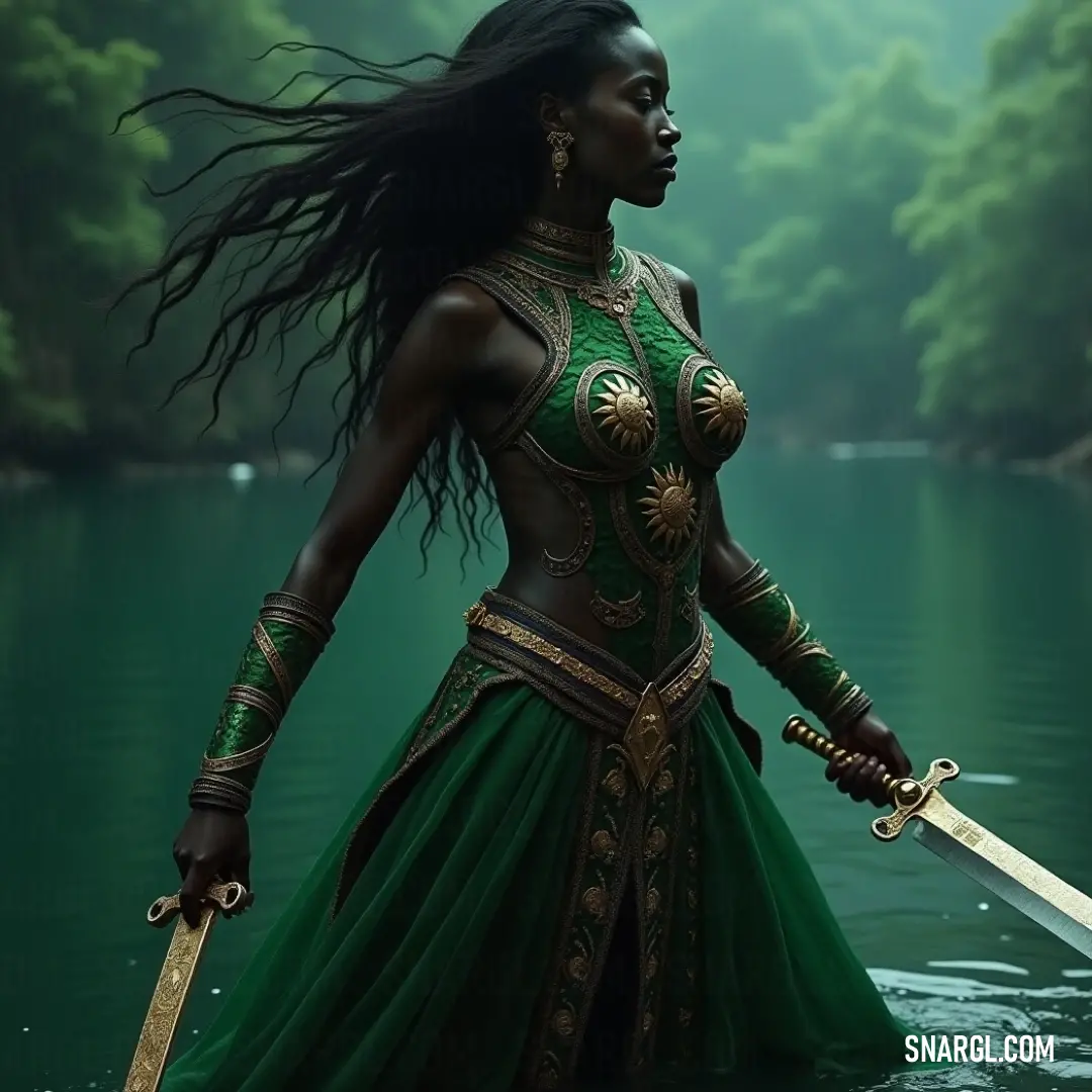 Gbemisola in a green dress, holding a sword in a peaceful lake, with trees surrounding her. Gbemisola stands in the tranquil waters of a lake, her green dress flowing around her as she holds a sword with confidence. The surrounding trees provide a serene backdrop to this moment of calm strength.