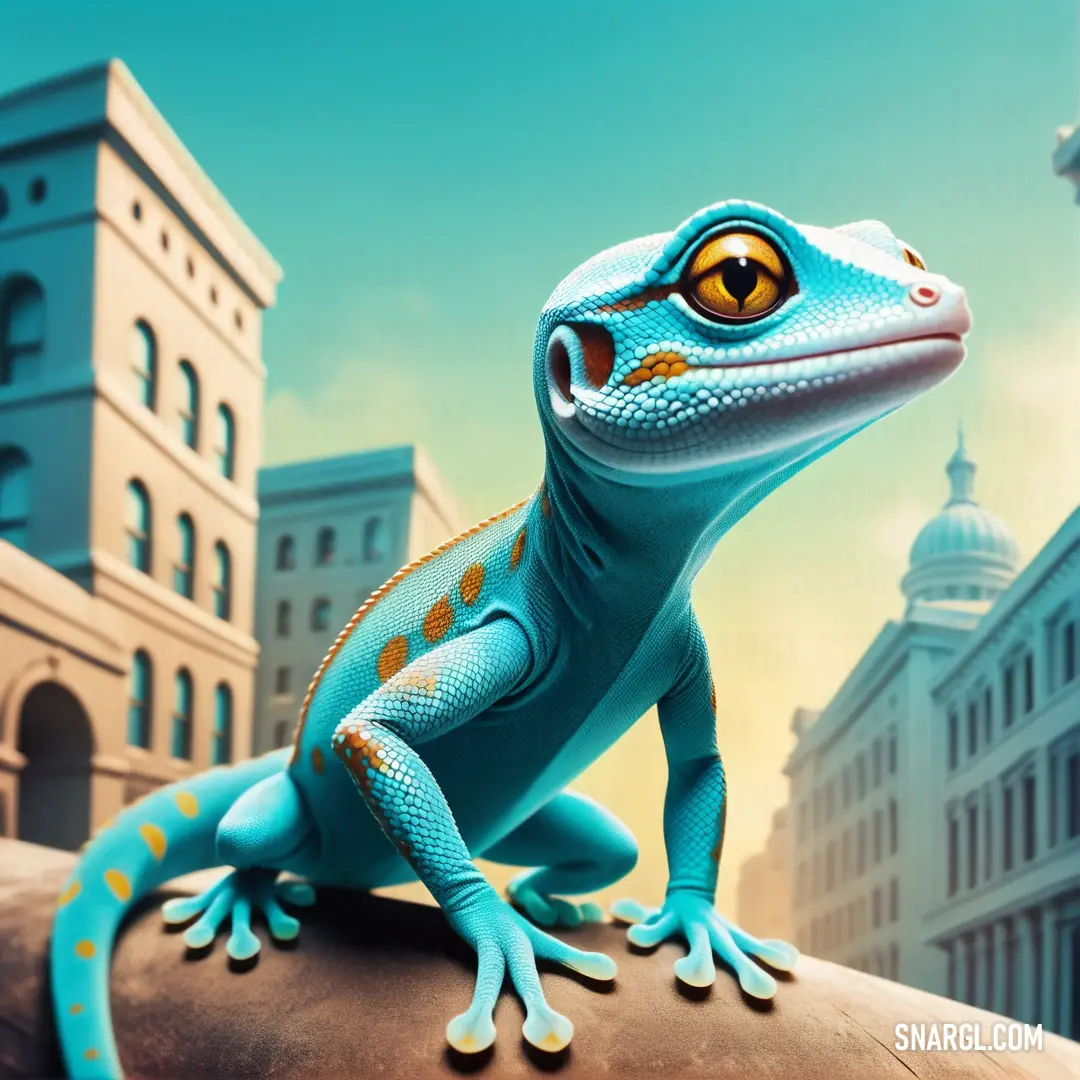 Blue lizard on top of a rock in front of a cityscape with buildings in the background