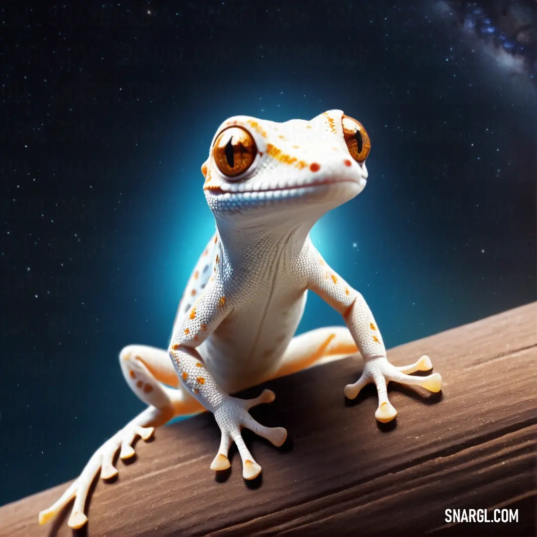 Frog with orange eyes on a wooden plank in the night sky with stars in the background