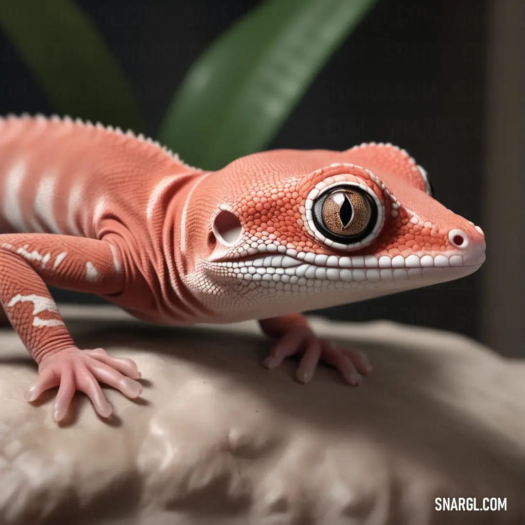 Gecko is on a rock with a plant in the background