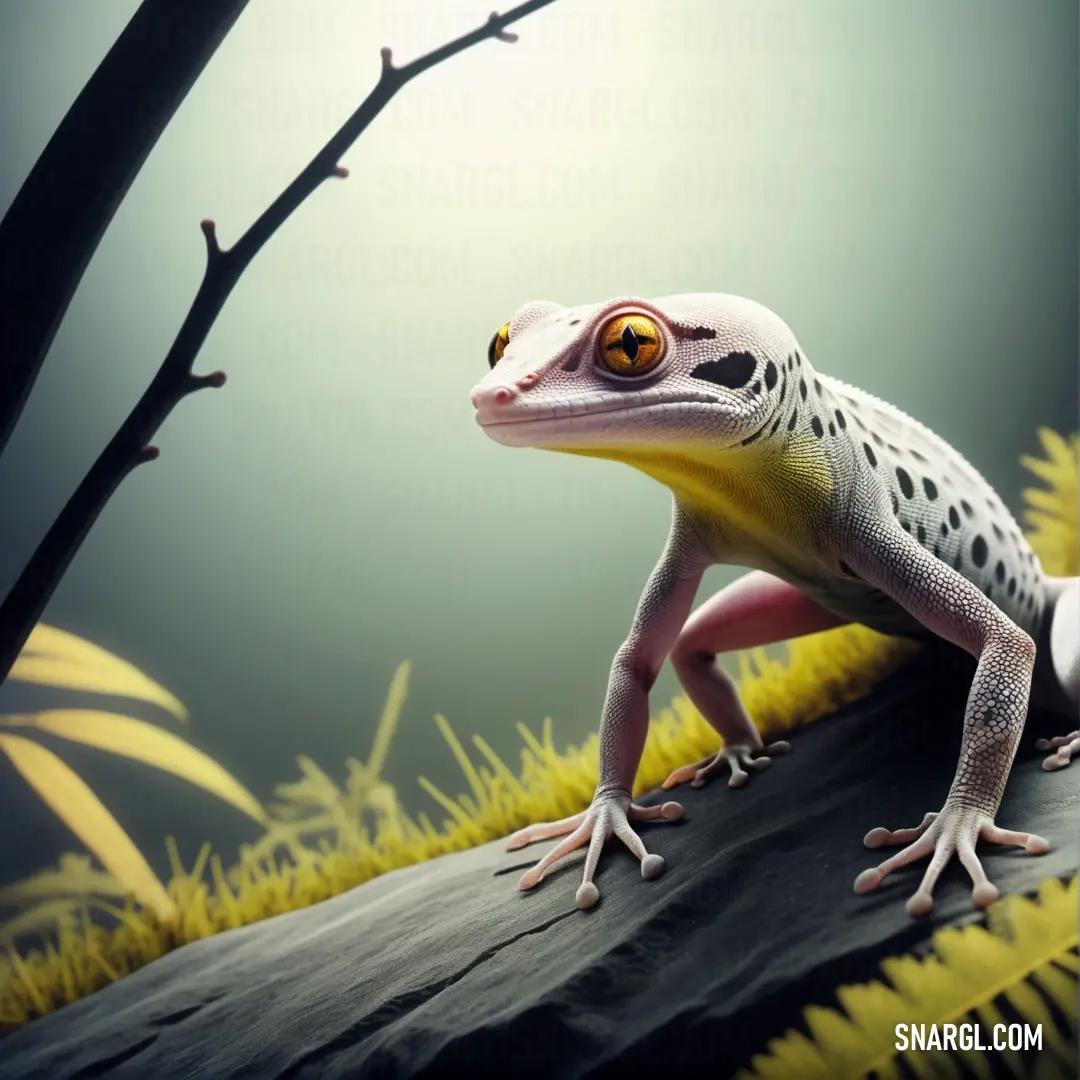 Gecko is on a rock in the grass and looking at the camera with a creepy look on its face