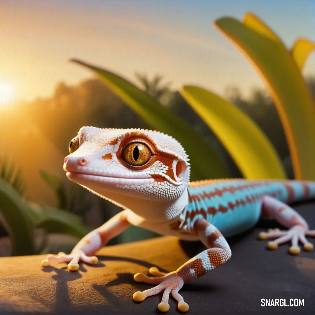 Gecko is on a rock in the sun light, with a plant behind it and a background