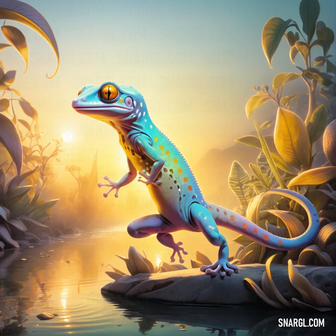 Lizard is standing on a rock in the water and looking at the sun through the leaves of the tree