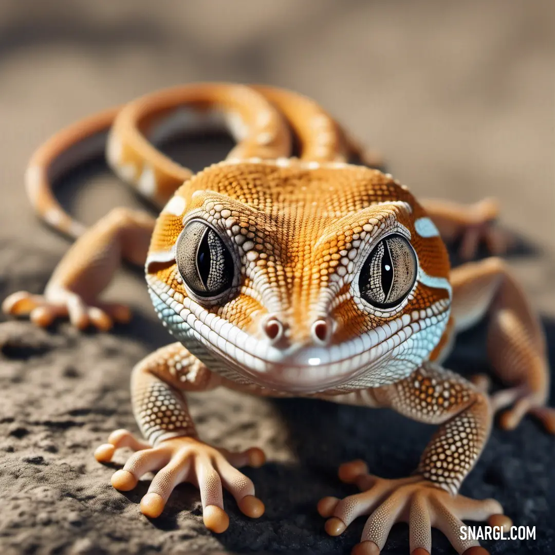 Lizard with a white and orange face and a black eye and a brown tail and legs with a black nose and a white