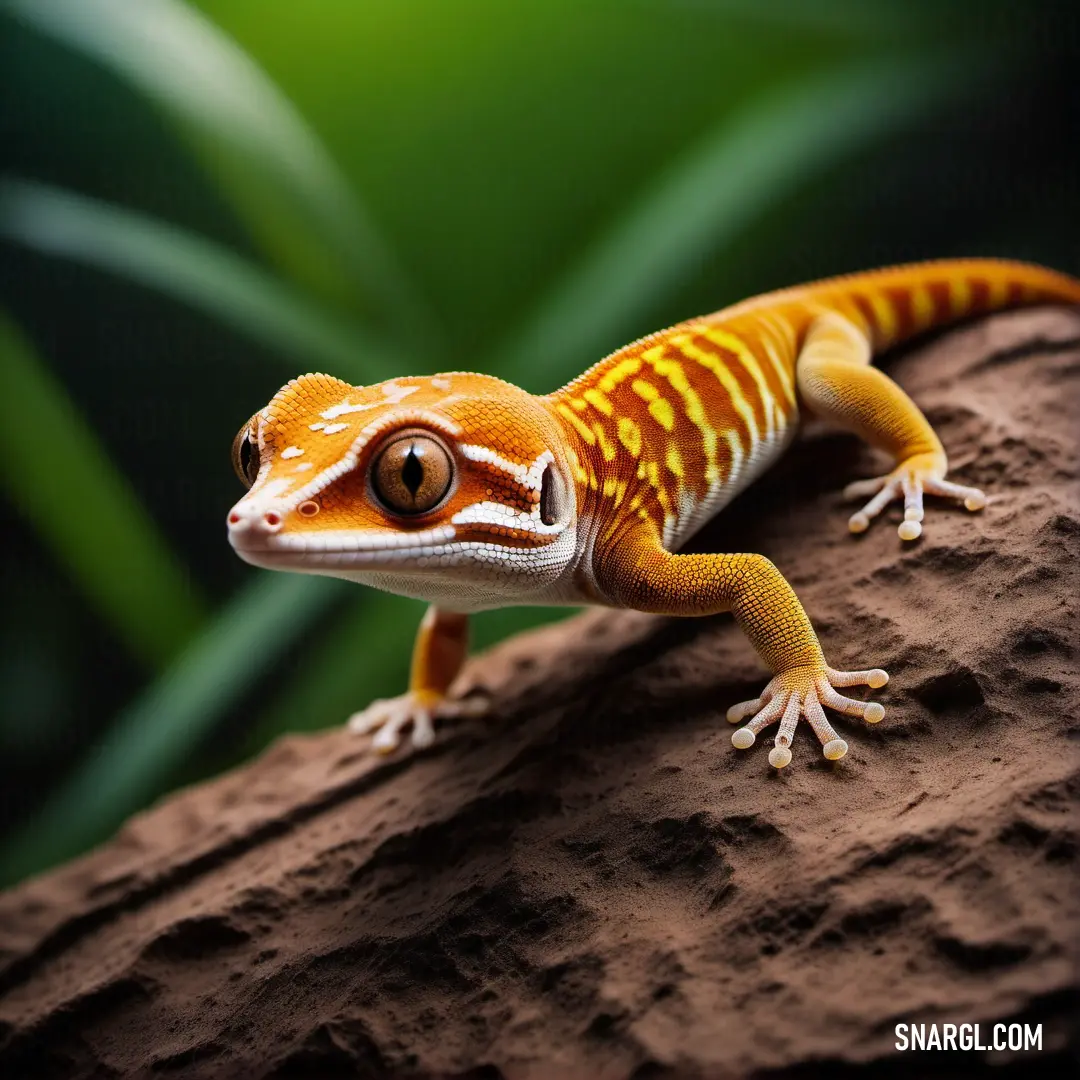 Small lizard is on a rock and looking at the camera with a green background