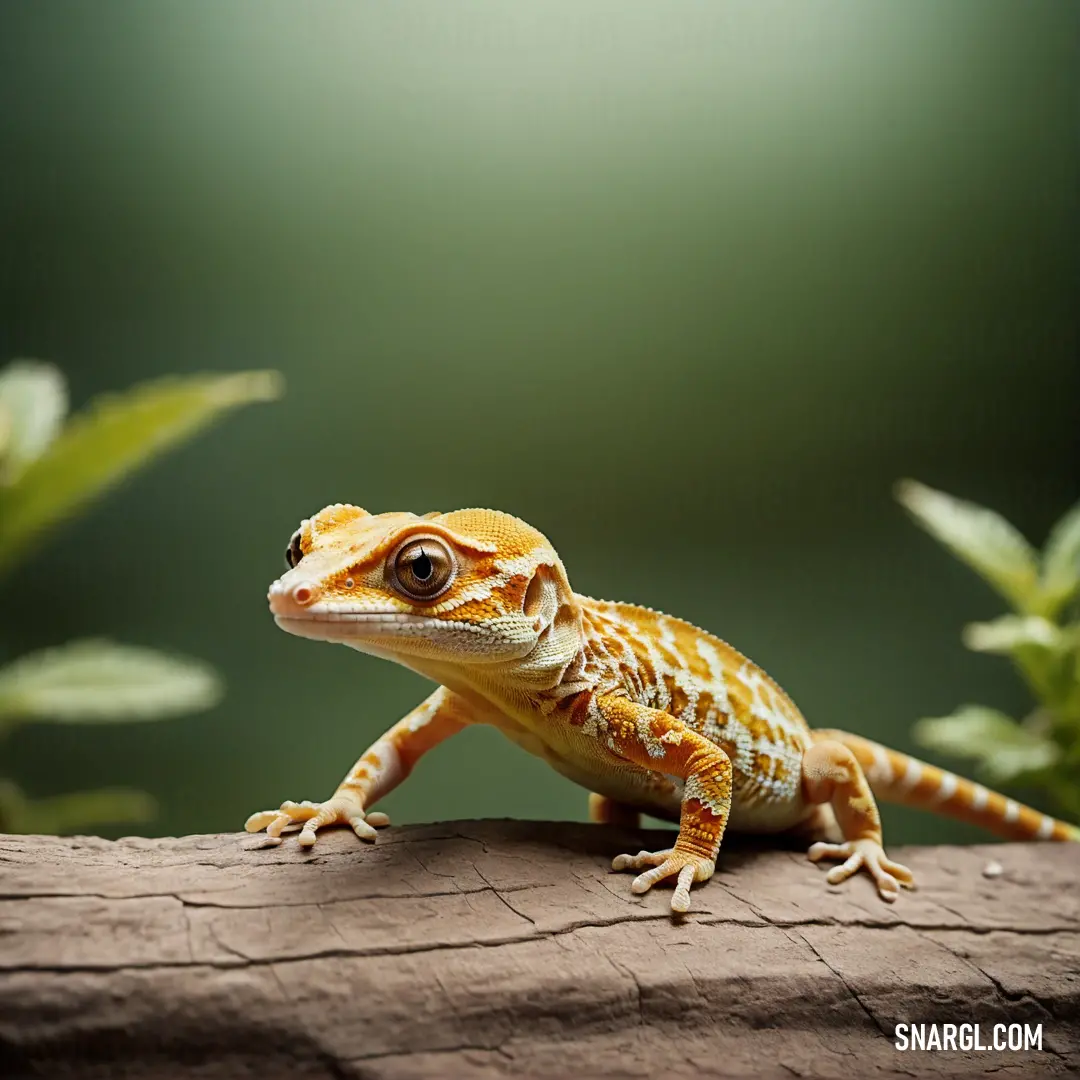 Small lizard on a log in a forest area with green plants and leaves in the background