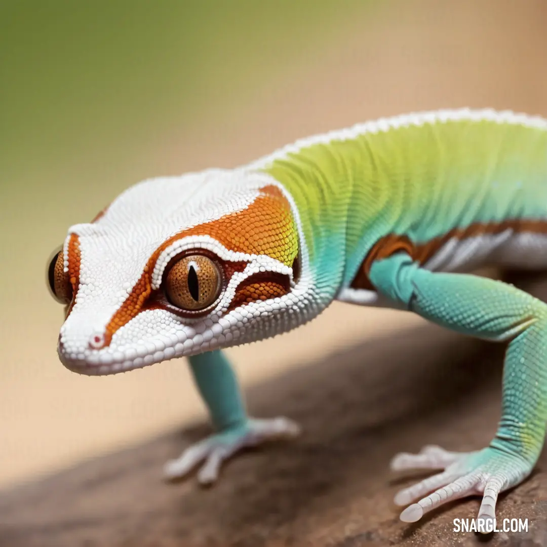 Small lizard with a green and orange tail and tail, on a rock