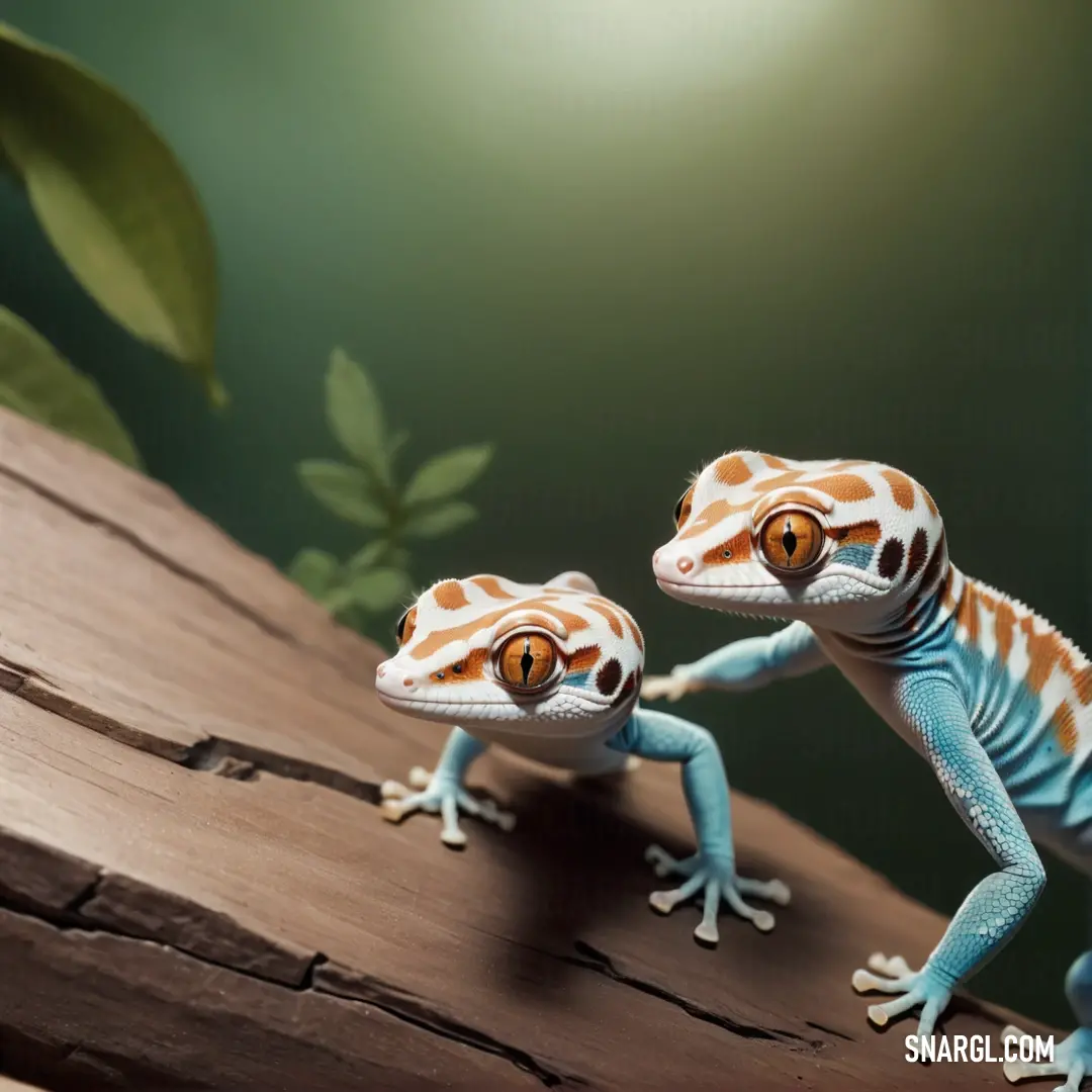 Two geckos are standing on a log in the sun, one is touching the other's face