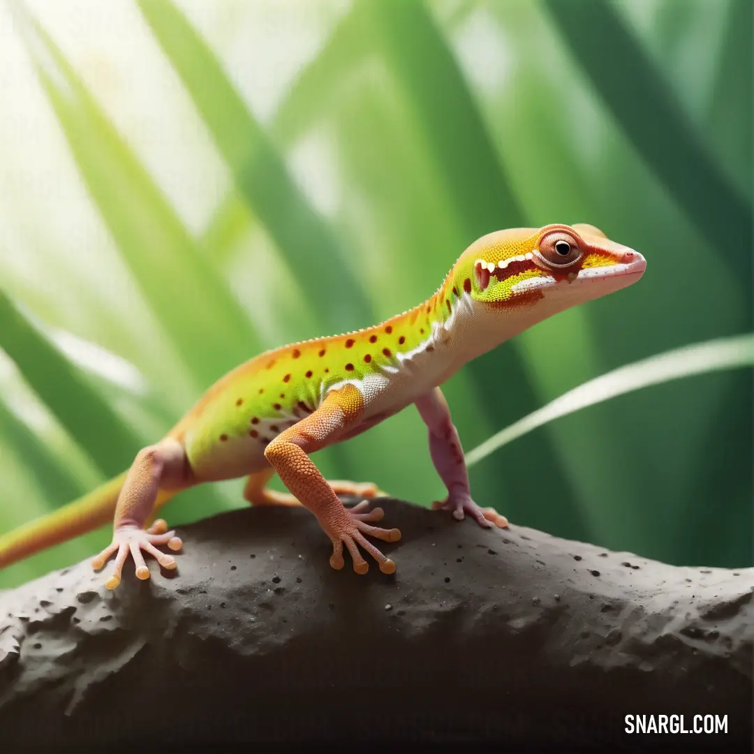 Yellow and orange gecko on a rock in a jungle setting with green leaves in the background