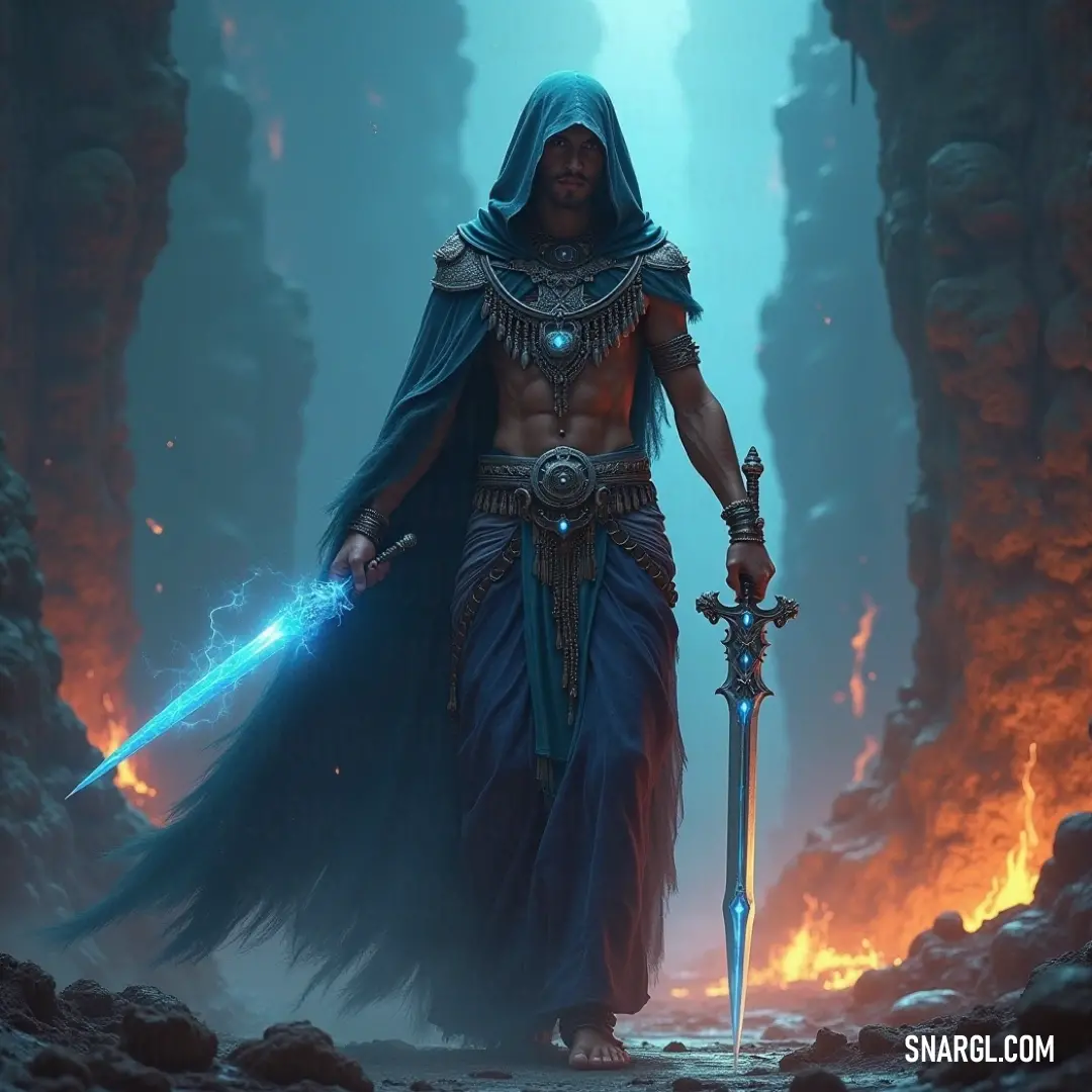 A brave hero dons a striking blue outfit with determination in his eyes, clutching a sword in a cave aglow with molten lava, where the warmth contrasts with the cool chill of adventure lurking in the shadows.