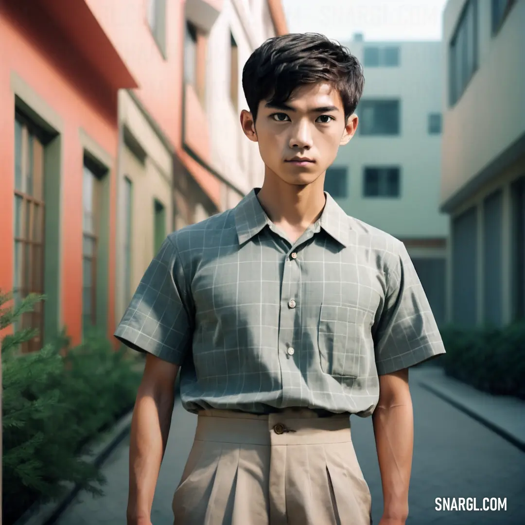 Man wearing casual clothes with a tie on his head stands in front of a building, adding a fun twist to his look. A man stands in front of a building wearing a casual shirt and shorts, with a tie playfully draped over his head, adding a touch of quirky style.