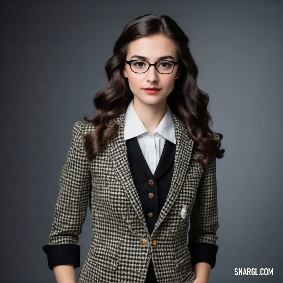 A confident woman in a tailored suit and glasses stands with her hands in her pockets, exuding a cool, collected demeanor in a sleek, professional outfit. A woman in a smart suit and glasses strikes a confident pose with her hands in her pockets, showcasing a chic and modern style against a simple background.