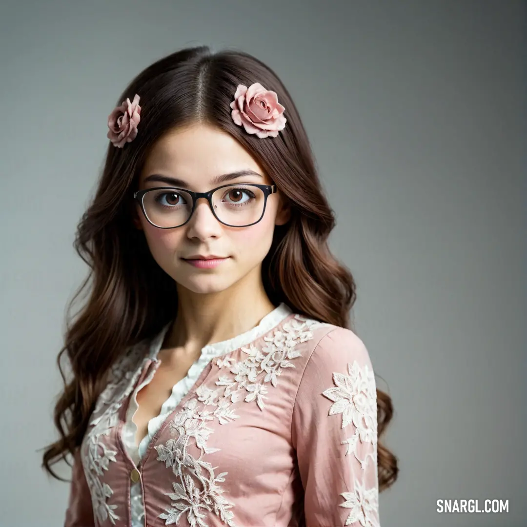 A woman with glasses and a flower in her hair, exuding a relaxed yet confident vibe, wearing a casual pink shirt against a neutral gray backdrop. A woman with glasses and a flower in her hair, posing with a relaxed yet confident air against a soft gray background. Her casual pink shirt complements her natural beauty and effortless style.