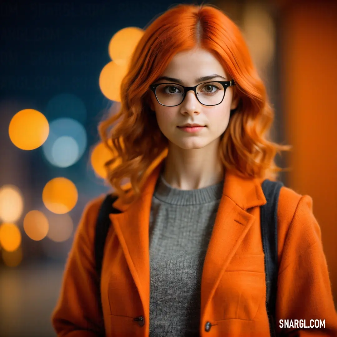 A woman with red hair and glasses gazes directly at the camera, her serious demeanor contrasting with the out-of-focus background. A woman with striking red hair and glasses gazes intently at the camera, her serious expression contrasting with the softly blurred background.