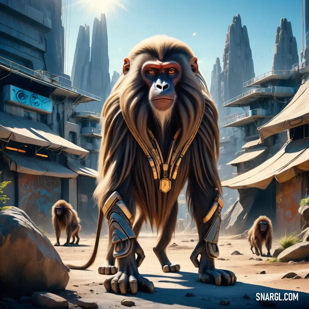 Monkey with a helmet and a pair of feet standing in front of a city with monkeys in the background