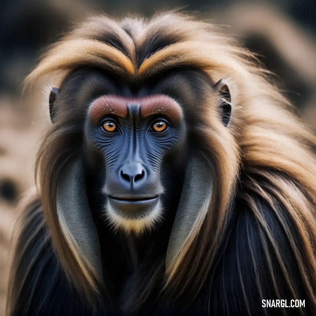 Monkey with a long hair and a red face looks at the camera