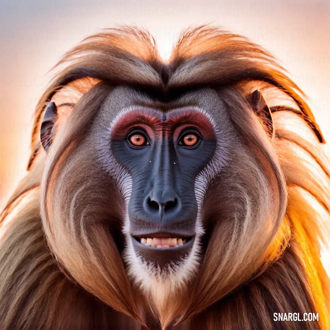 Monkey with a long hair and a face painted like a monkey with a red nose and tail
