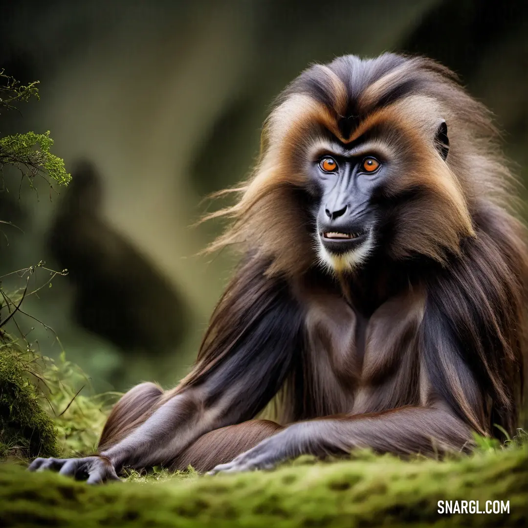 Monkey with a long mane on the ground in the grass with trees in the background