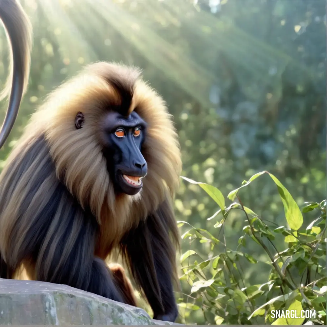 Monkey with a long mane and orange eyes on a rock in the sun light with a bush behind it