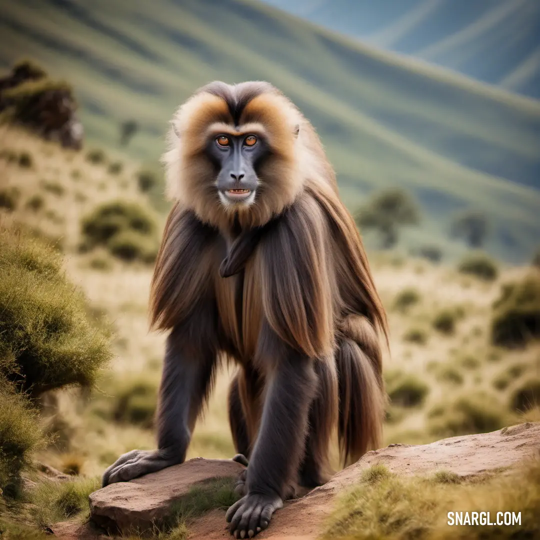 Monkey with a pipe in its mouth on a rock in the middle of a field with mountains in the background