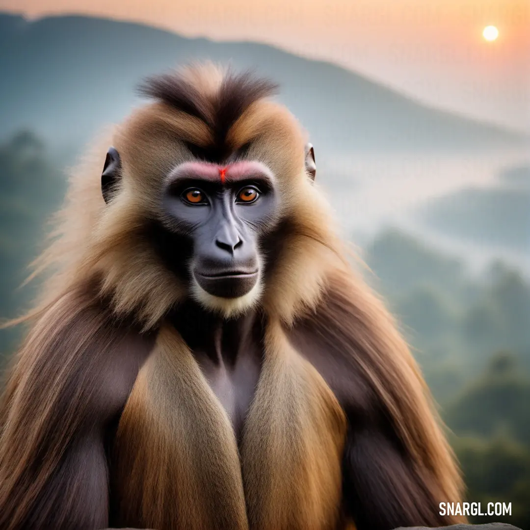 Monkey with a red face and long hair standing in front of a mountain range with trees and a sunset