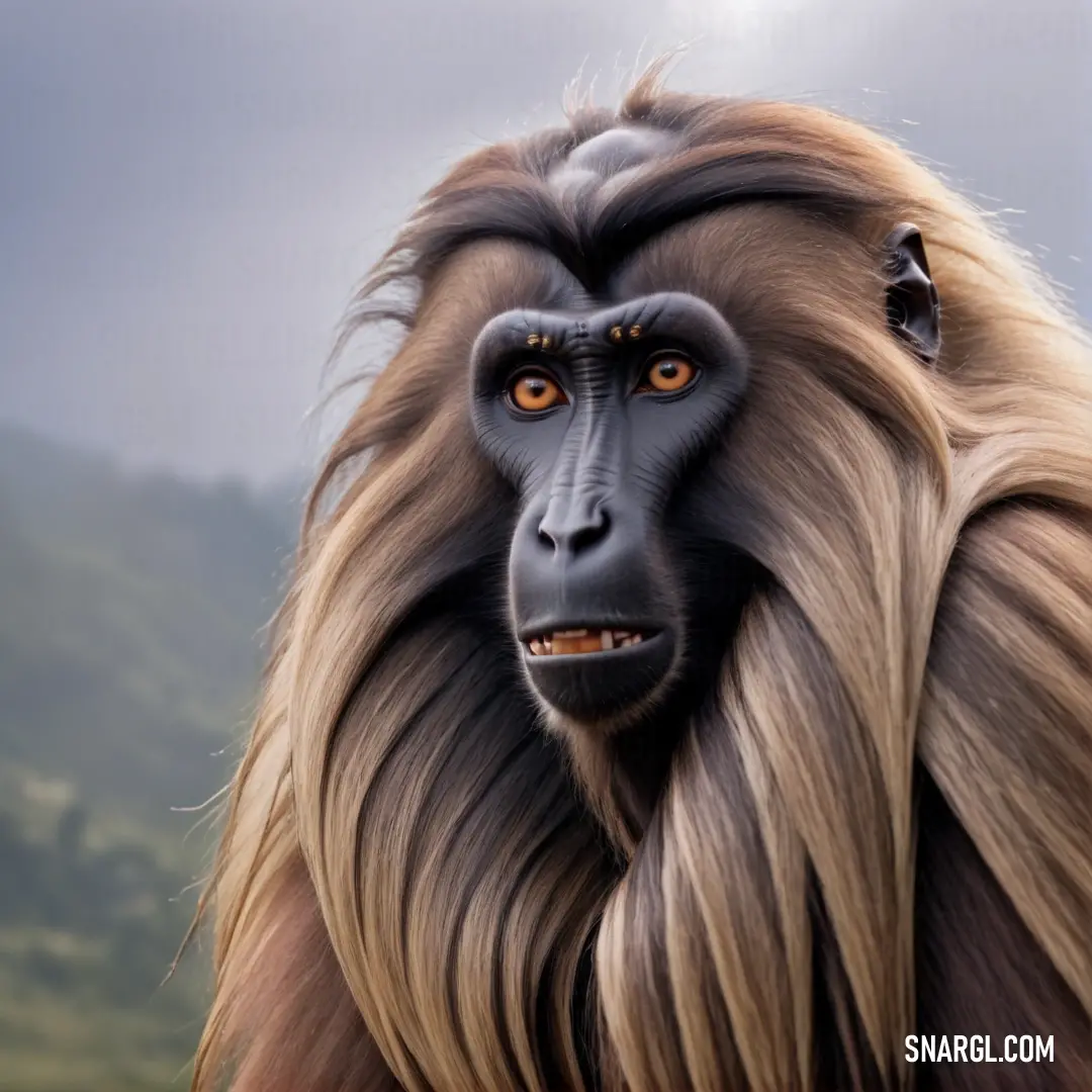Monkey with long hair and a face with a strange look on it's face and a mountain in the background