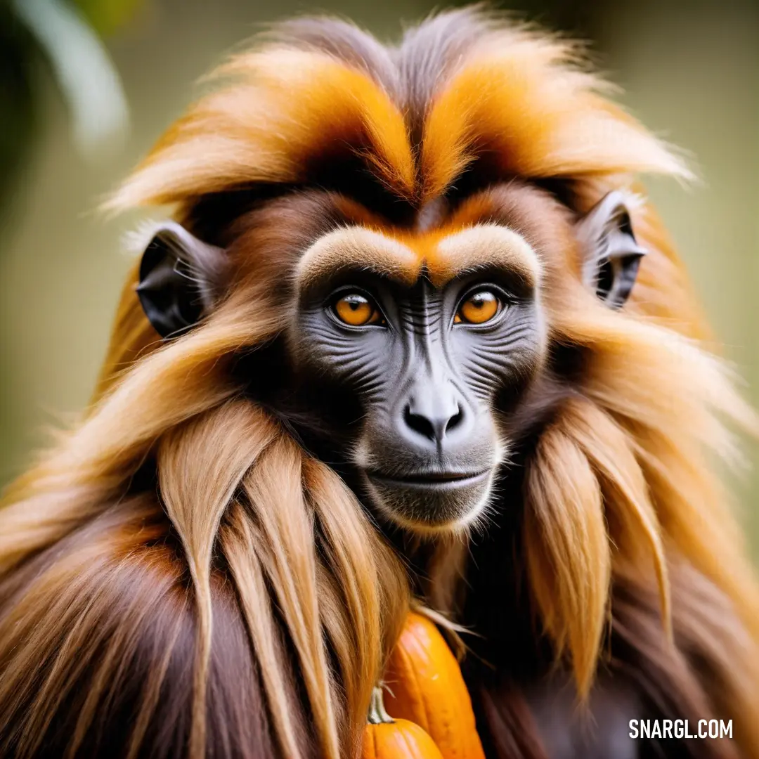 Monkey with long hair and orange eyes is holding a pumpkin in its mouth and looking at the camera
