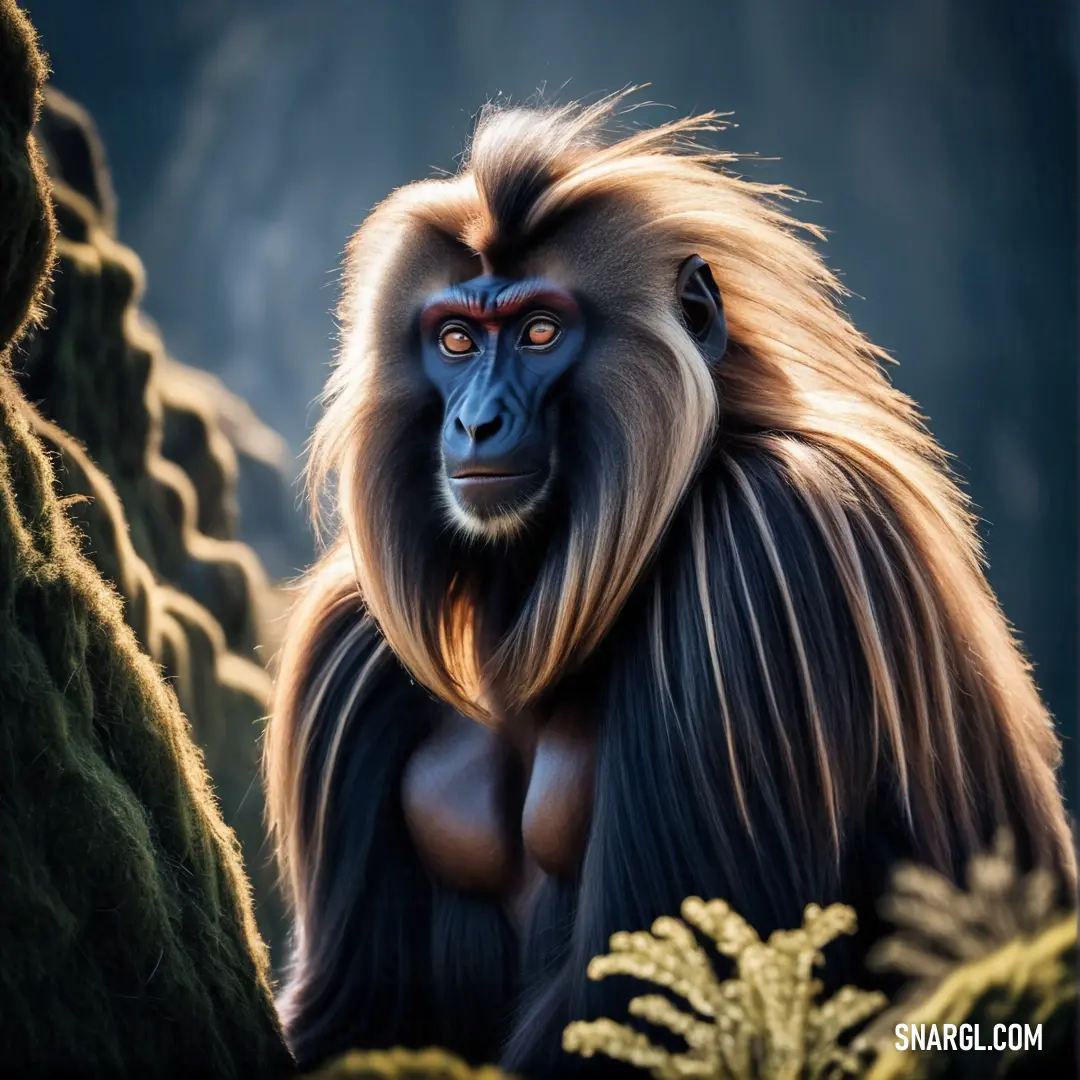 Monkey with long hair and a blue face is standing in a forest with a tree branch and a rock