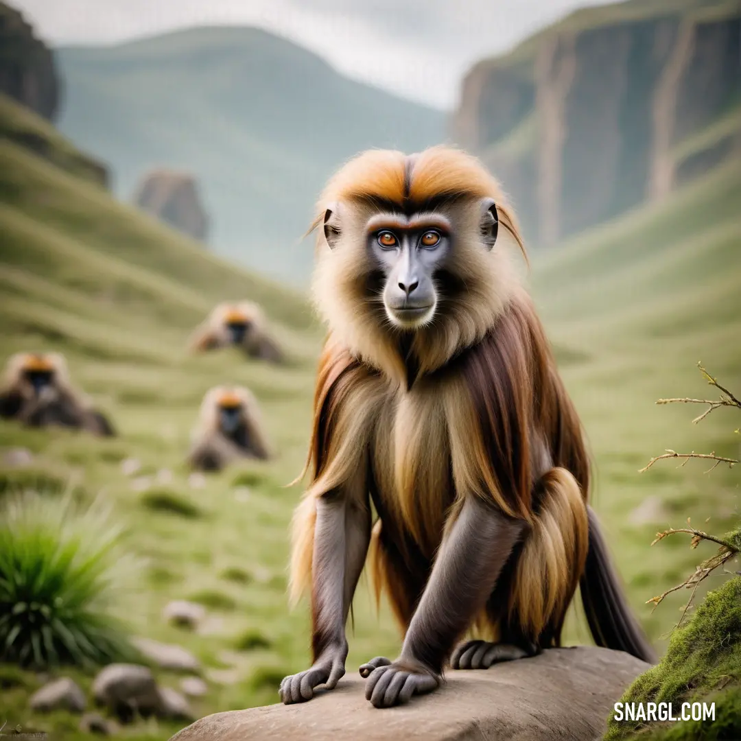 Monkey with long hair on a rock in a field with other monkeys in the background