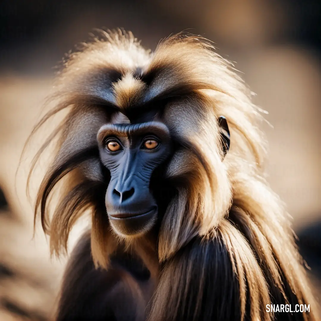 Monkey with long hair and a long tail looks at the camera with a serious look on its face