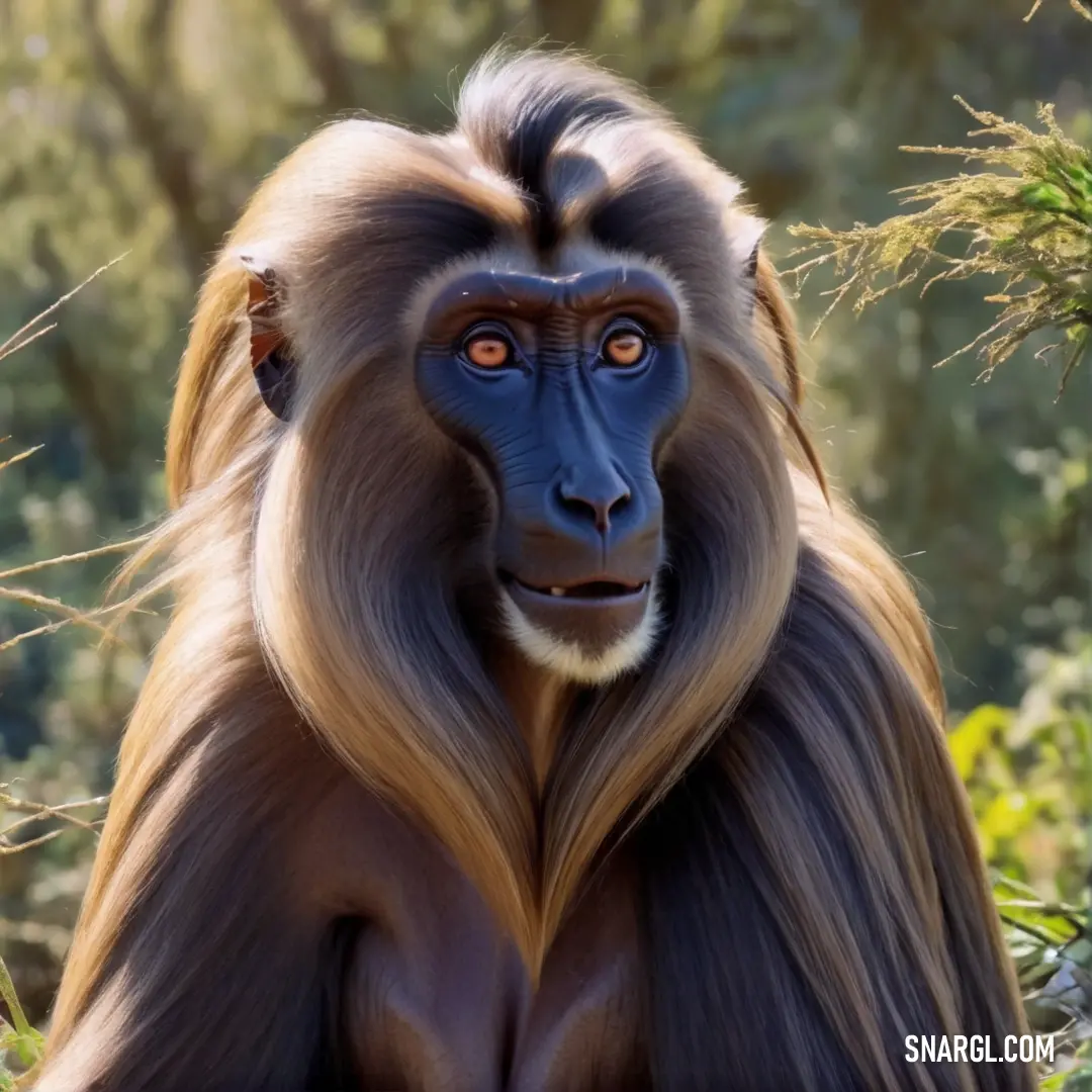 Monkey with long hair and a blue face is standing in the grass and looking at the camera