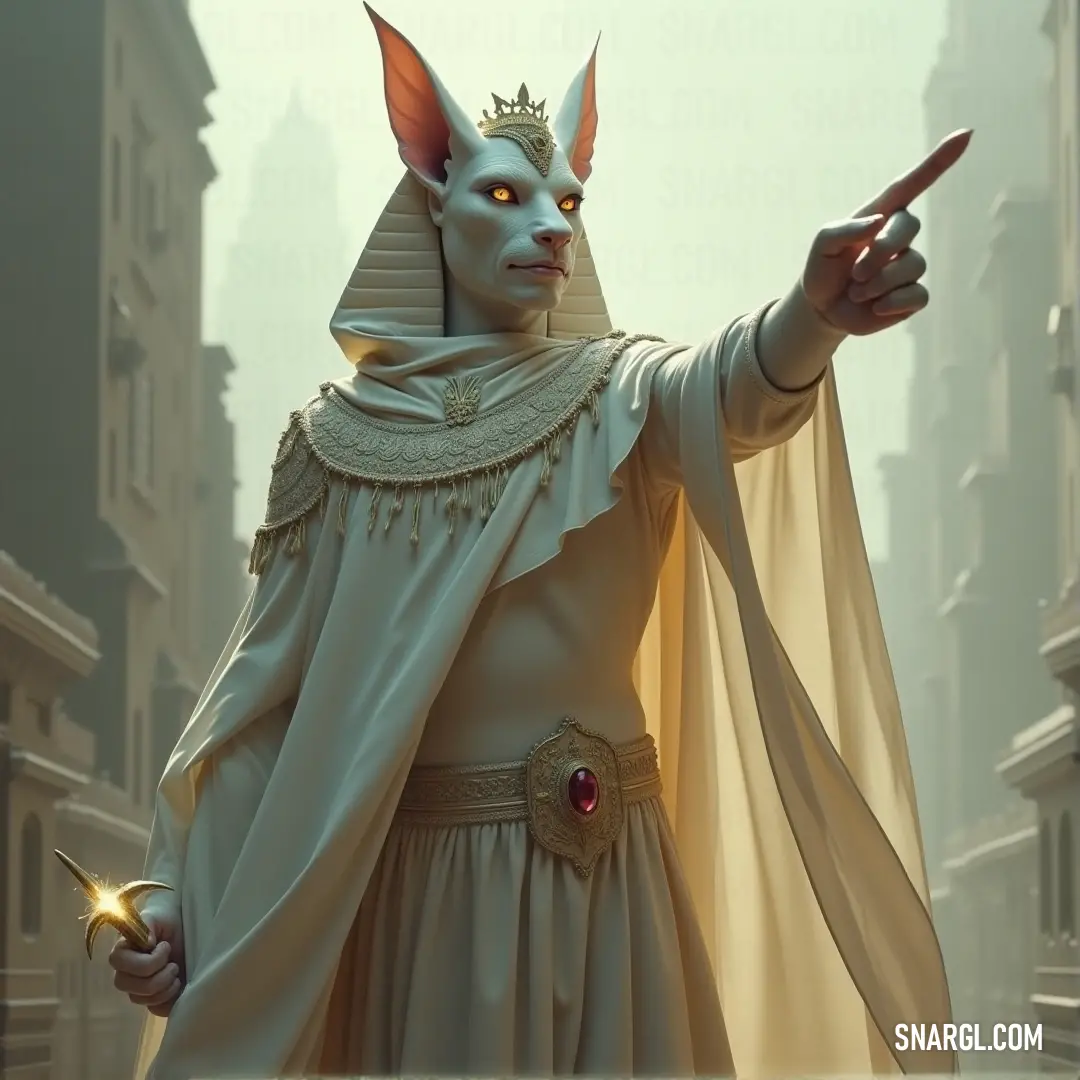 A Gemstone Sphinx, dressed in a captivating demon-inspired costume with horns, holds a cigarette and points towards an unseen force, exuding a mischievous yet powerful energy.