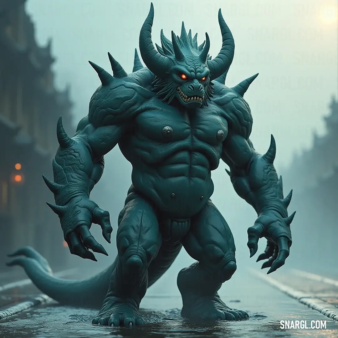 Genbu with commanding horns and fierce fangs, a powerful representation of mythical strength and the captivating mystery of ancient legends. Genbu, with its large horns and fearsome fangs, stands boldly, displaying its fierce nature. The creature is an embodiment of mythical power, highlighting its formidable presence in an awe-inspiring portrayal of strength and mystery.