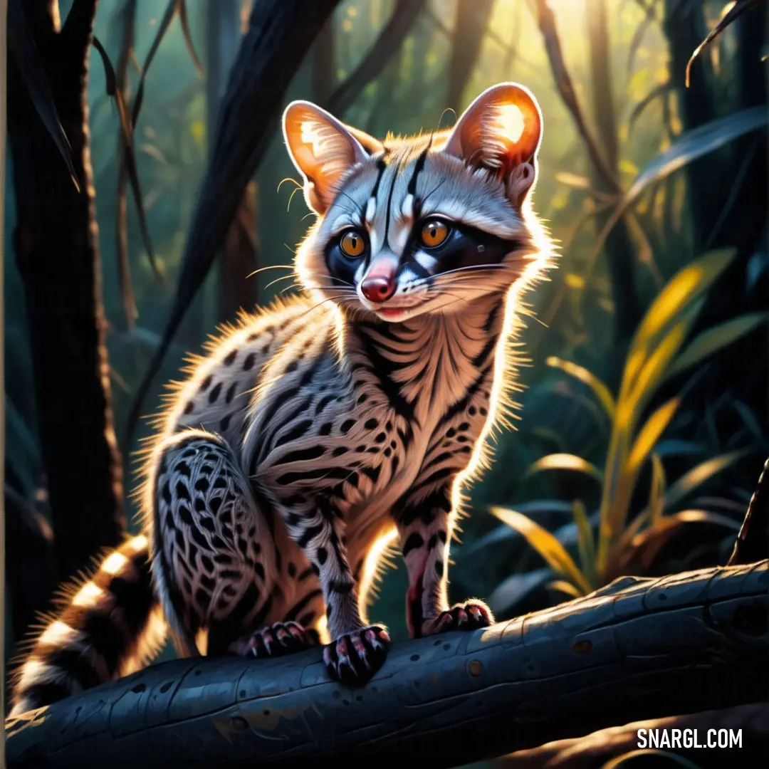 Painting of a Genet on a log in a forest with sunlight coming through the trees and leaves