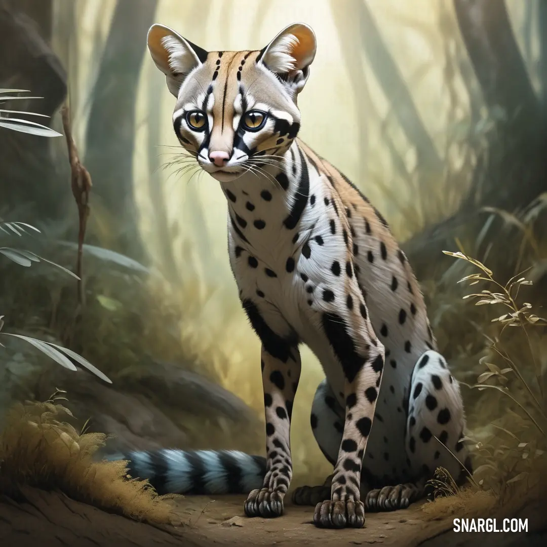 Painting of a Genet in a forest with a light shining on it's face and eyes