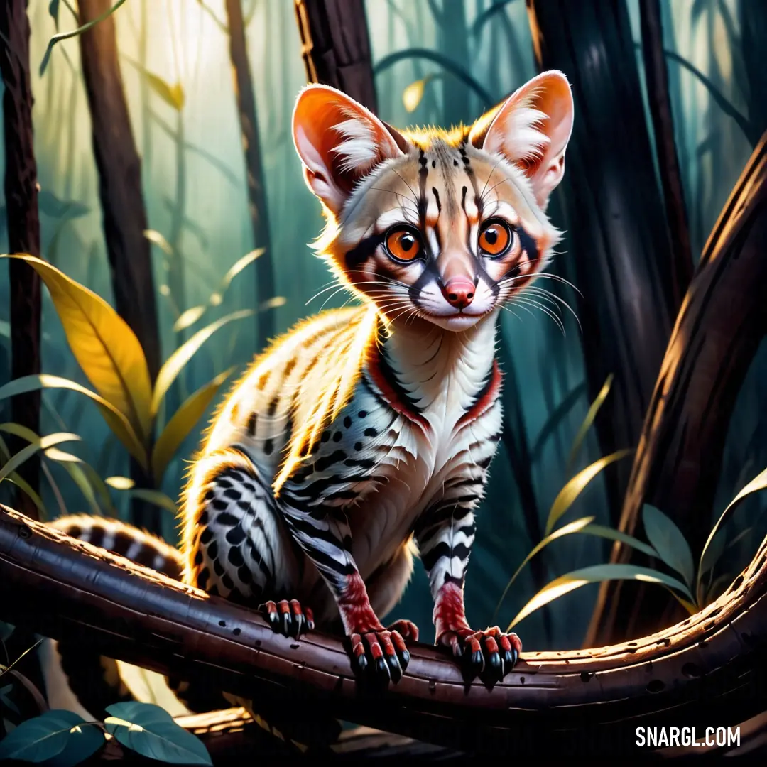 Painting of a small Genet on a branch in a forest with tall grass and trees in the background