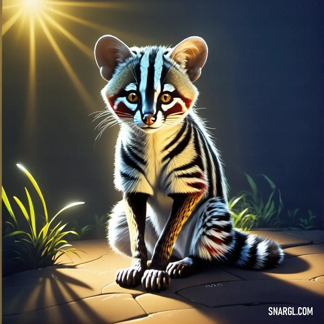 Painting of a small Genet on a tile floor with the sun shining down on it's face