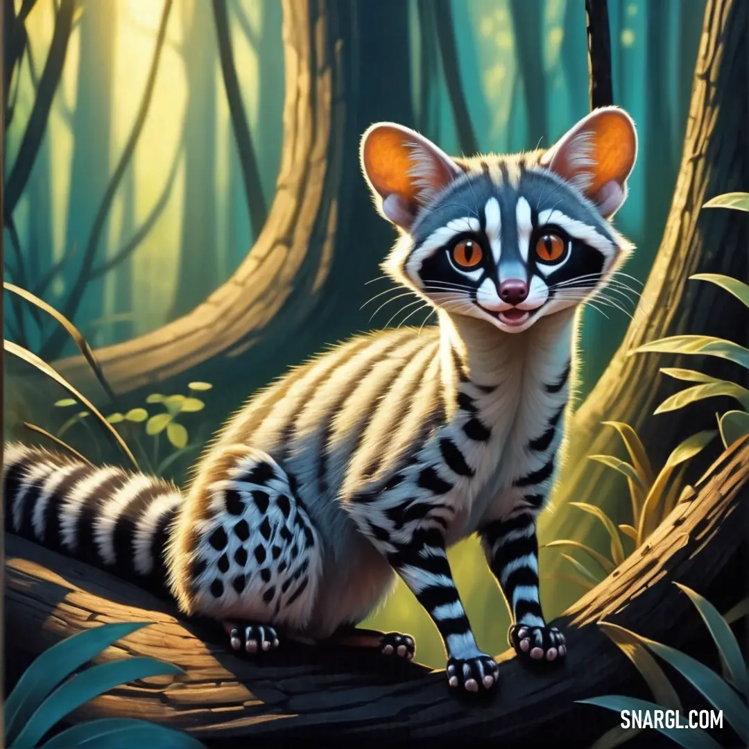 Painting of a small Genet on a tree branch in a forest with a sun shining through the trees
