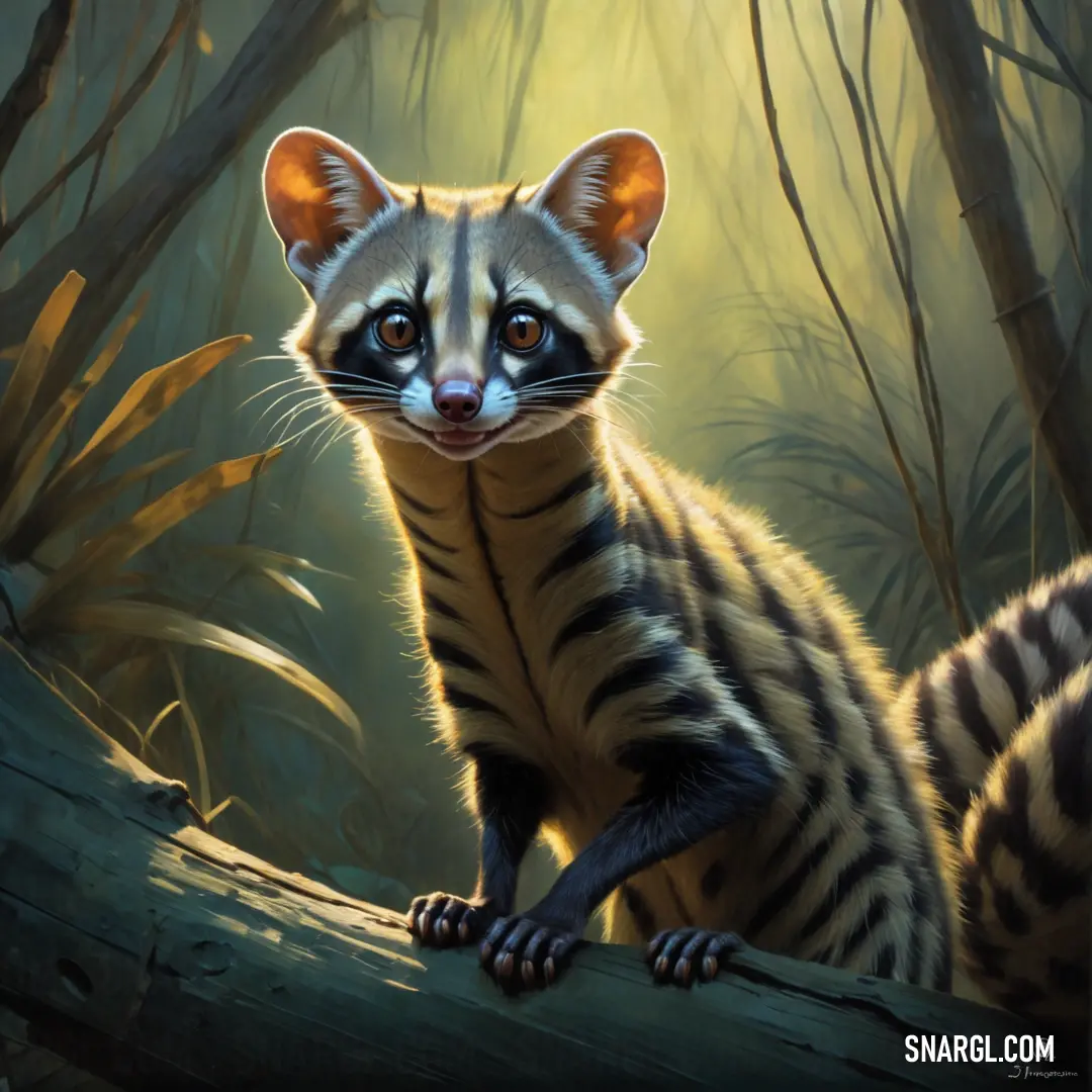 Painting of a striped Genet on a branch in a forest with tall grass and trees in the background