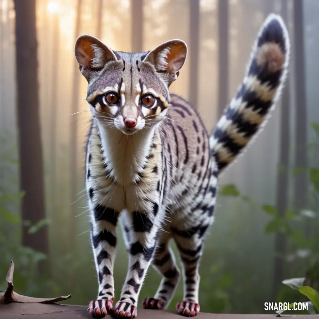 Small Genet standing on a log in the woods with trees in the background