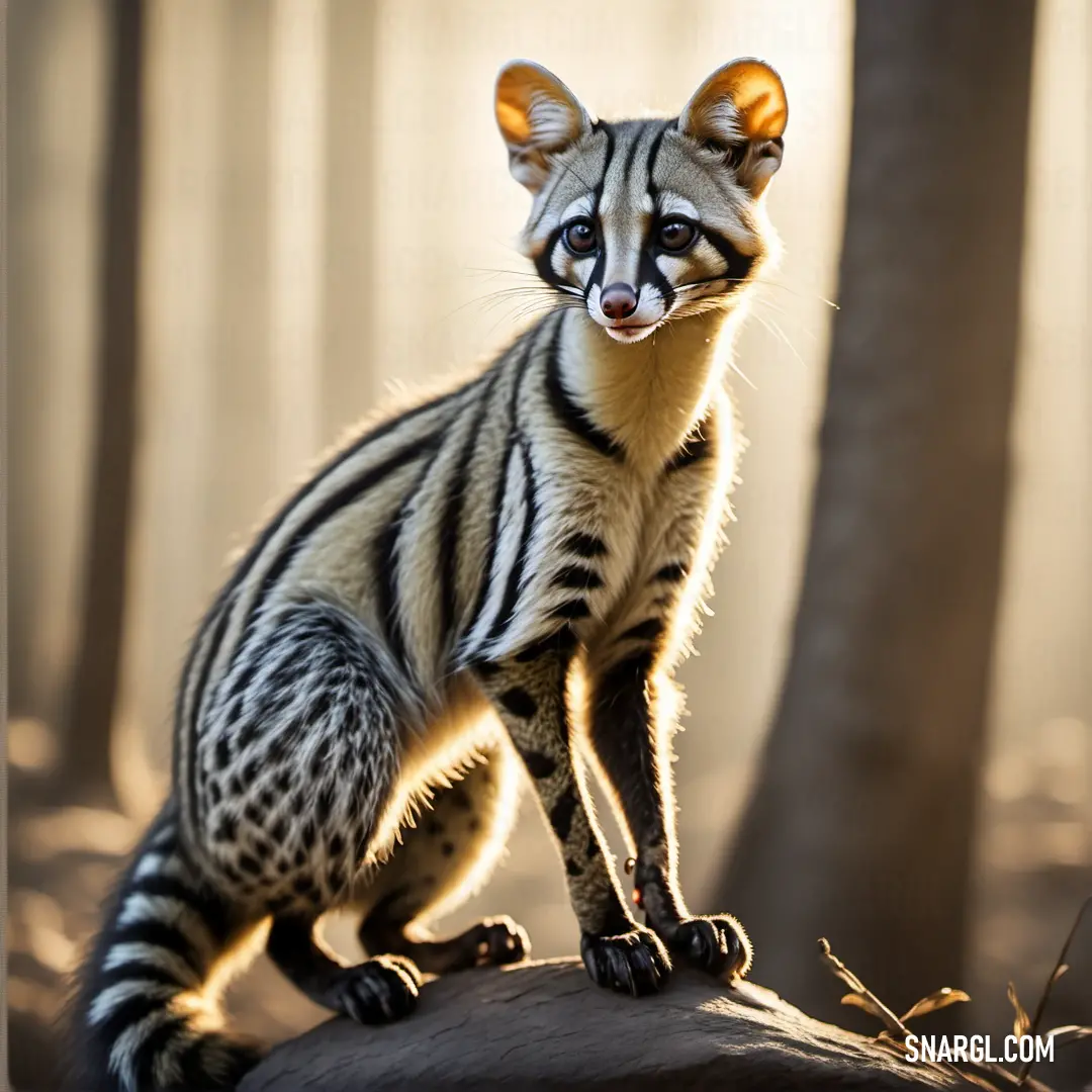 Small Genet standing on a rock in a forest with trees in the background