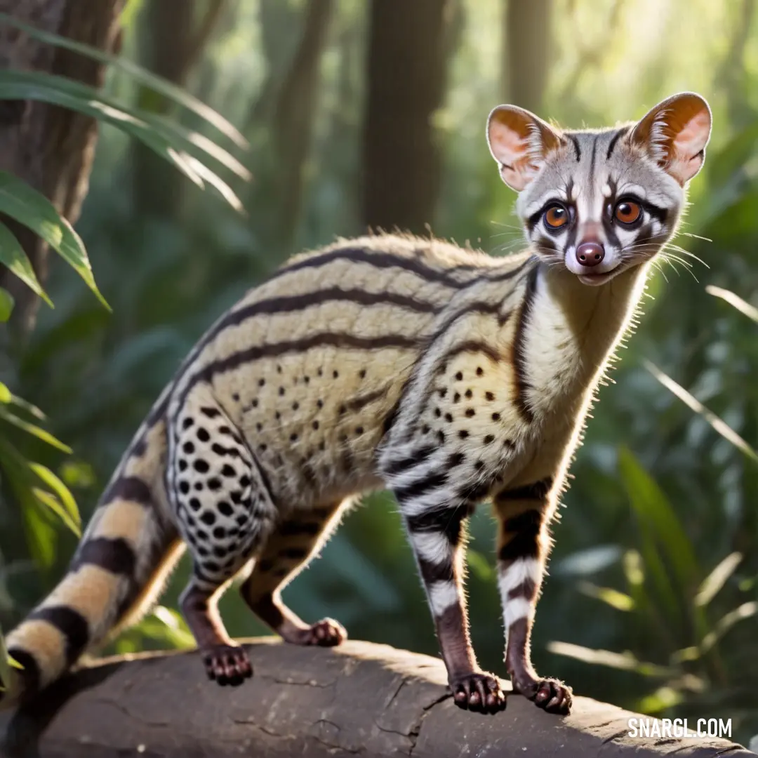Small Genet standing on a log in the woods with trees in the background