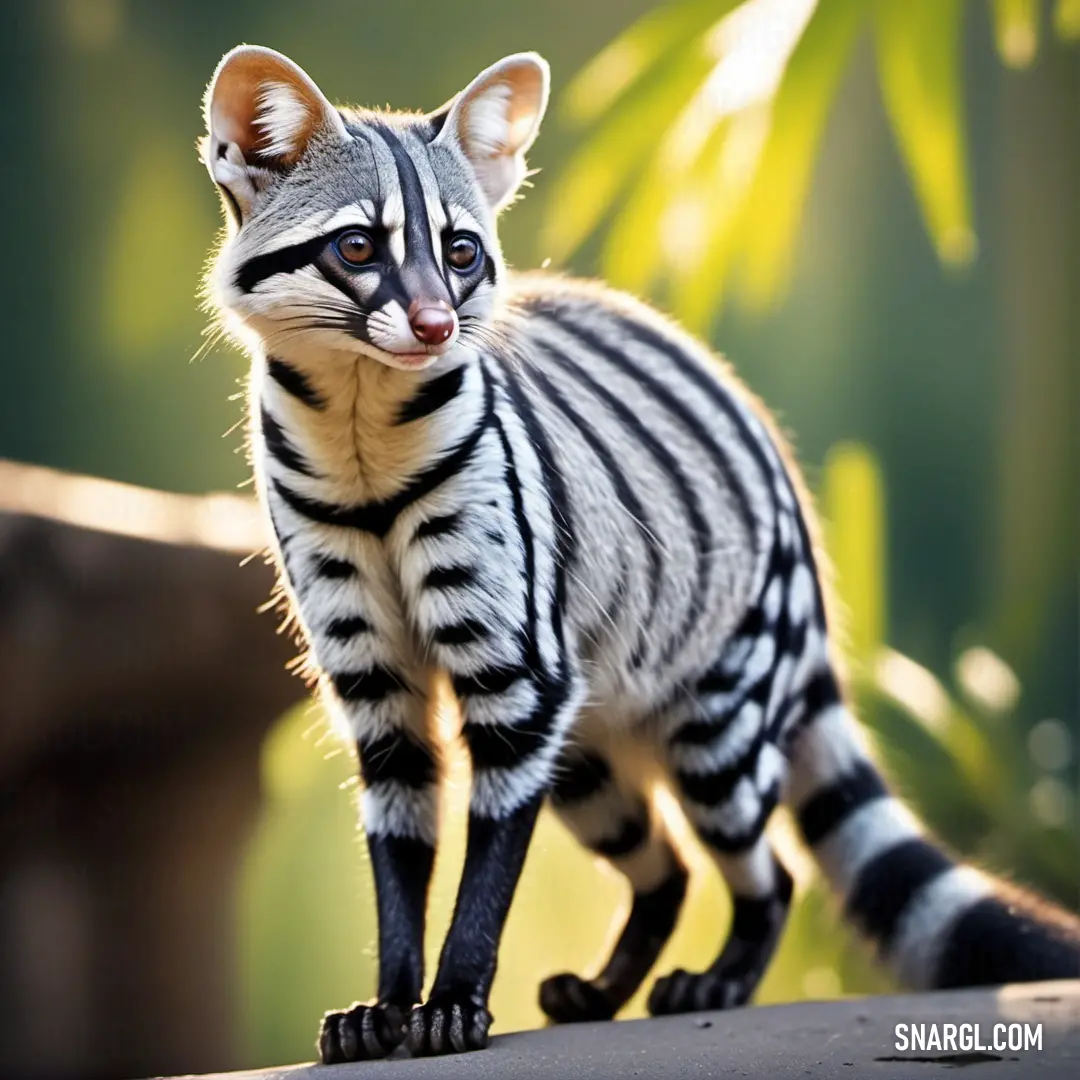Small Genet with a striped coat on it's face and tail standing on a rock in front of a tree