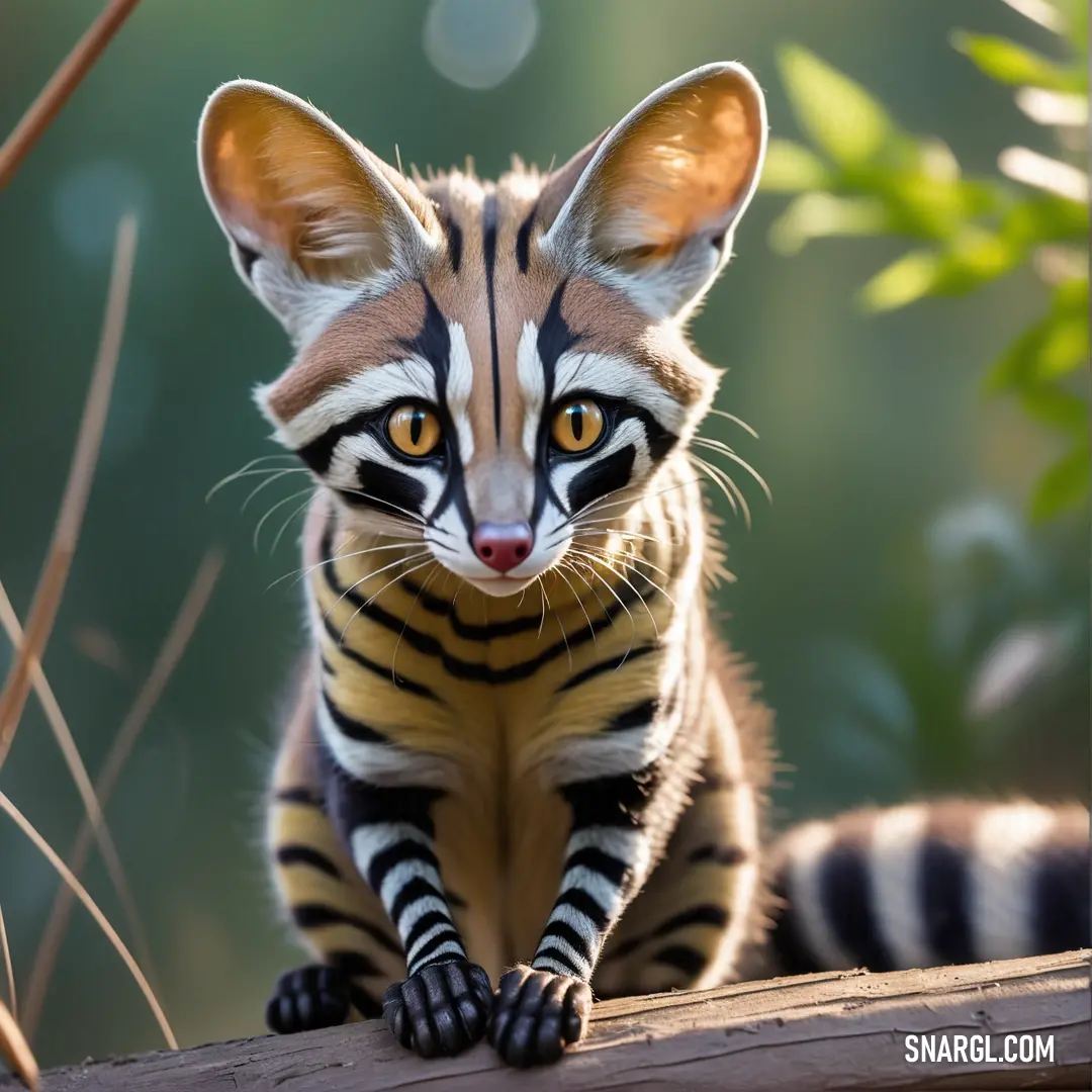 Small Genet with a striped coat on it's face and legs on a log in the woods