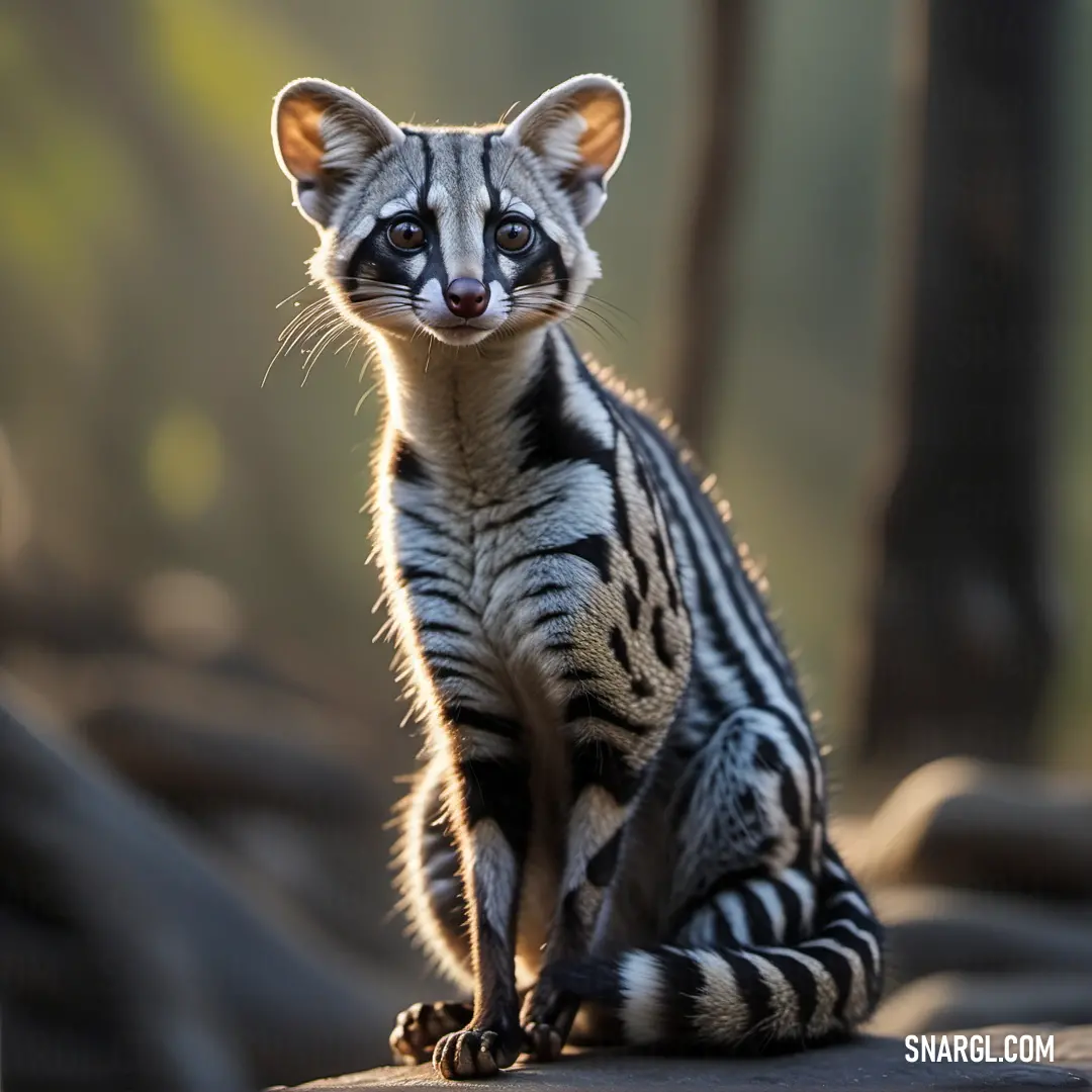 Small black and white striped Genet on a rock in the woods with trees in the background