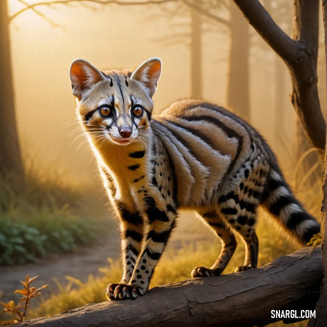 Small Genet standing on a log in the woods with a sunbeam in the background